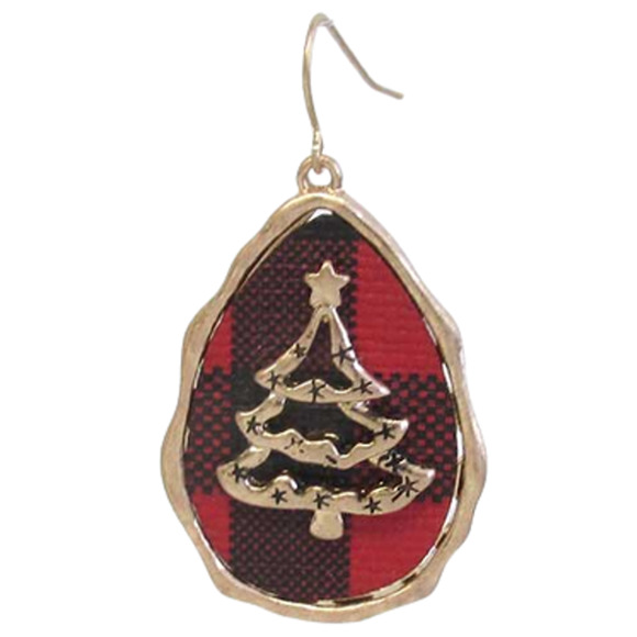 Holiday Christmas Gold Trees on Red and Black Buffalo Teardrop Hook Earrings - Picture 2 of 2